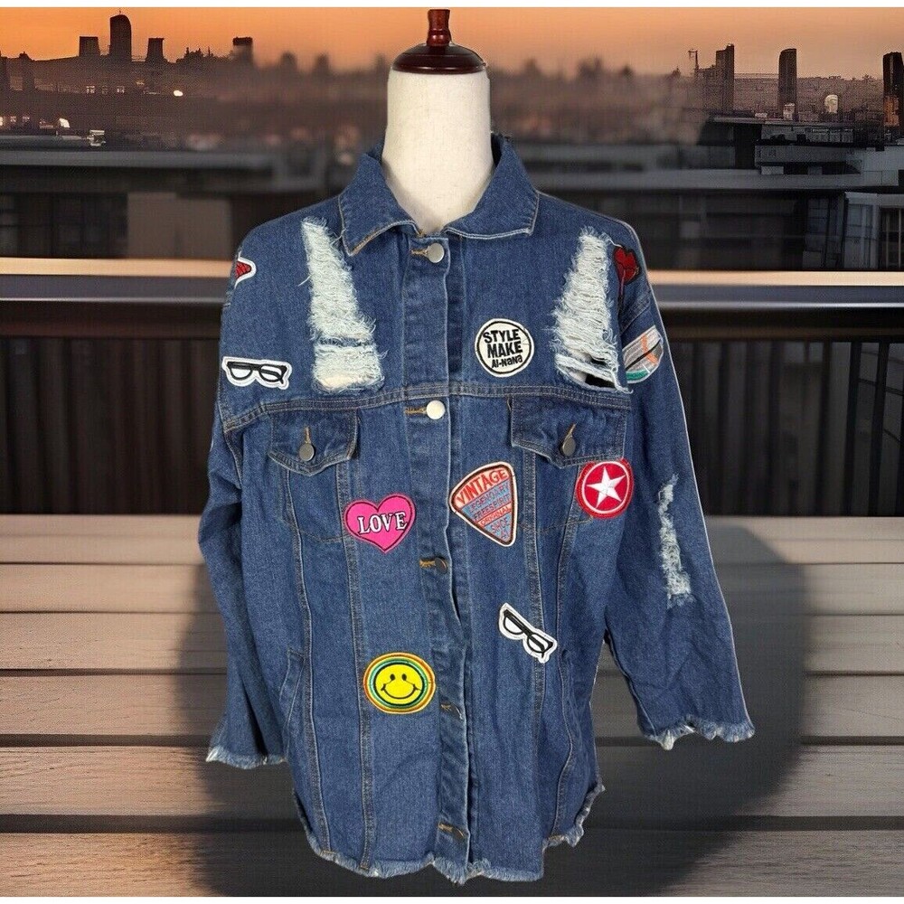 Boho VTG Style Distressed Patched Denim Fringed Raw Hem Oversized Jacket Size S